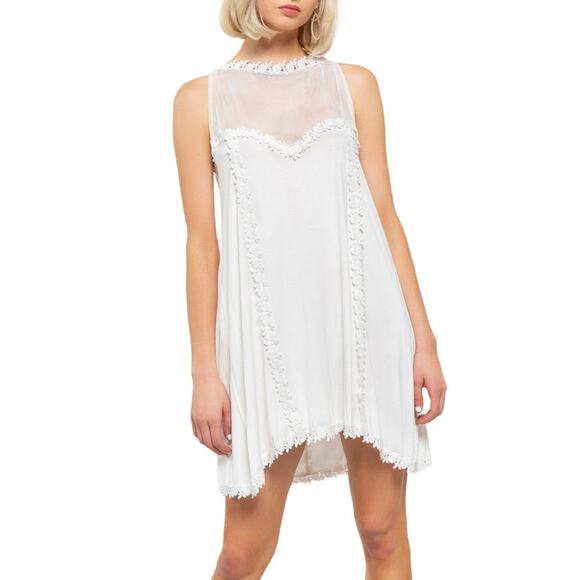 POL Ivory Boho Mesh Crochet Lace Trim Hi-Low Mini Dress Romantic Chic Small - Picture 1 of 14